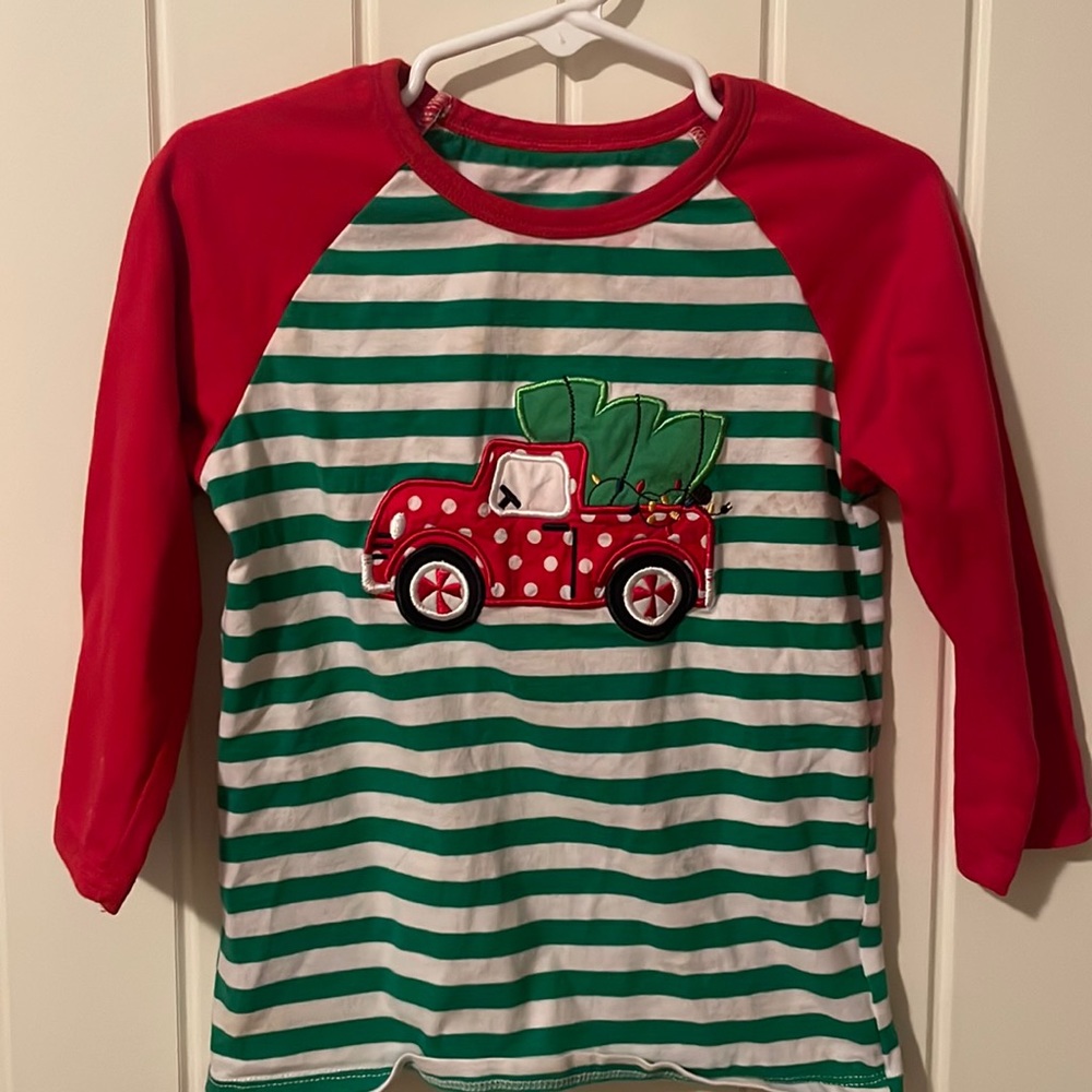 Christmas shirt red truck Christmas tree striped